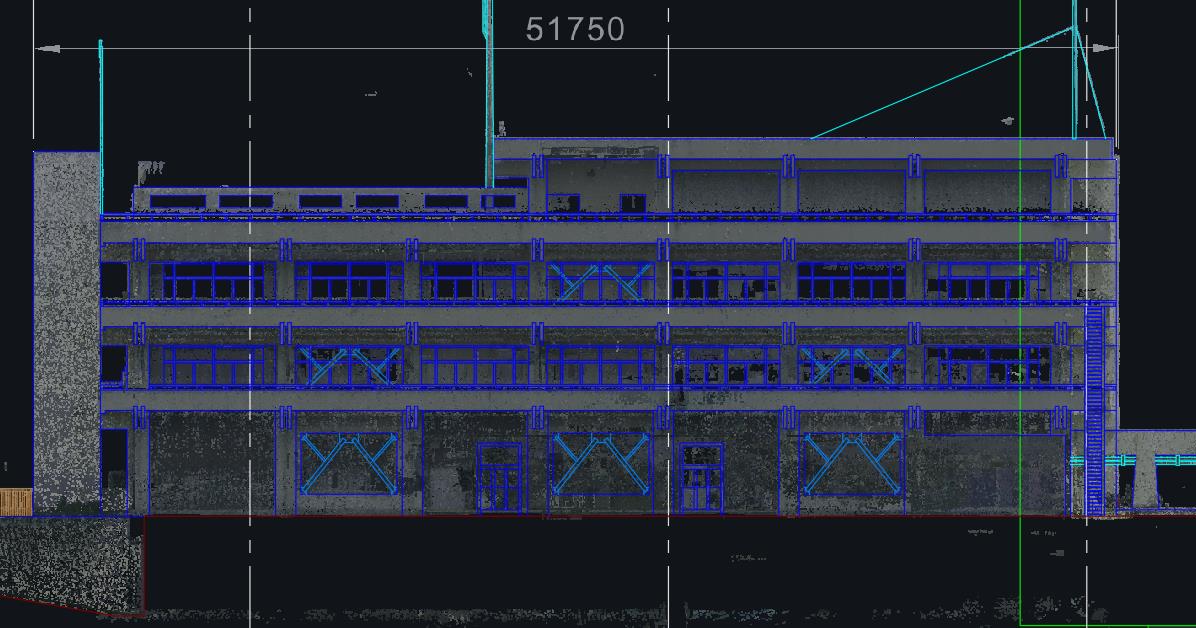 点群データにCAD線図を重ねた建屋立面図の参考イメージ（協力会社作成の参考図）